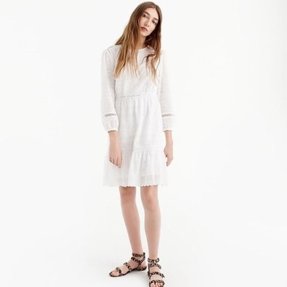 J. Crew White Eyelet Long-Sleeve Tiered Dress